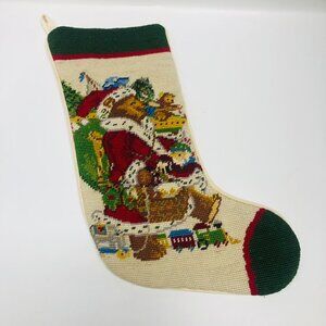 Vintage Christmas Stocking Needlepoint Teddy Bear Santa Toys Tree Vintage Toy